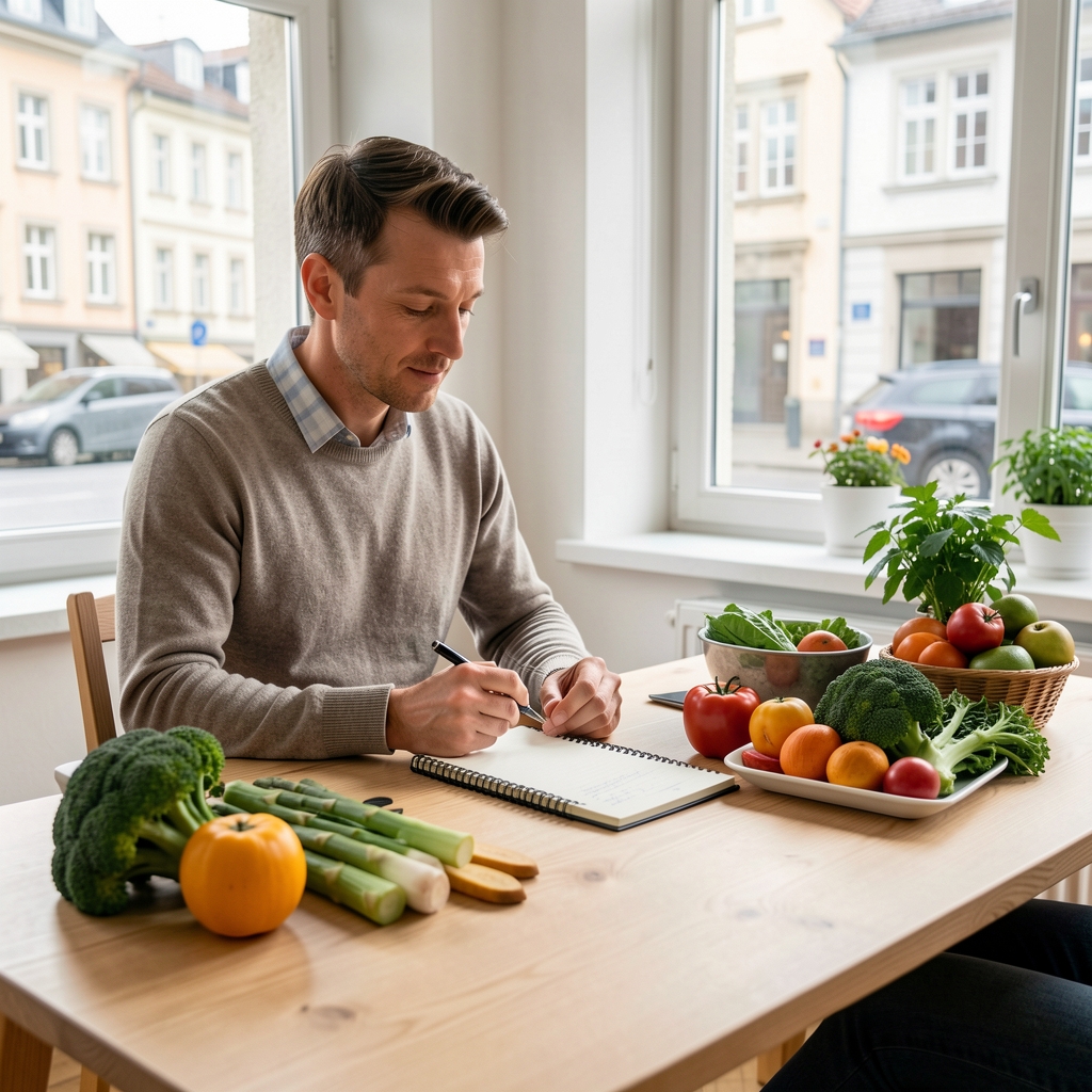 Zwei Personen besprechen einen Ernährungsplan an einem hellen Holztisch in Zürich, Notizbuch und frisches Gemüse sichtbar