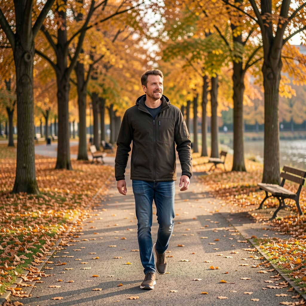 Person beim Morgenspaziergang in einem Züricher Park im Herbst, aktiver Lebensstil in der Natur