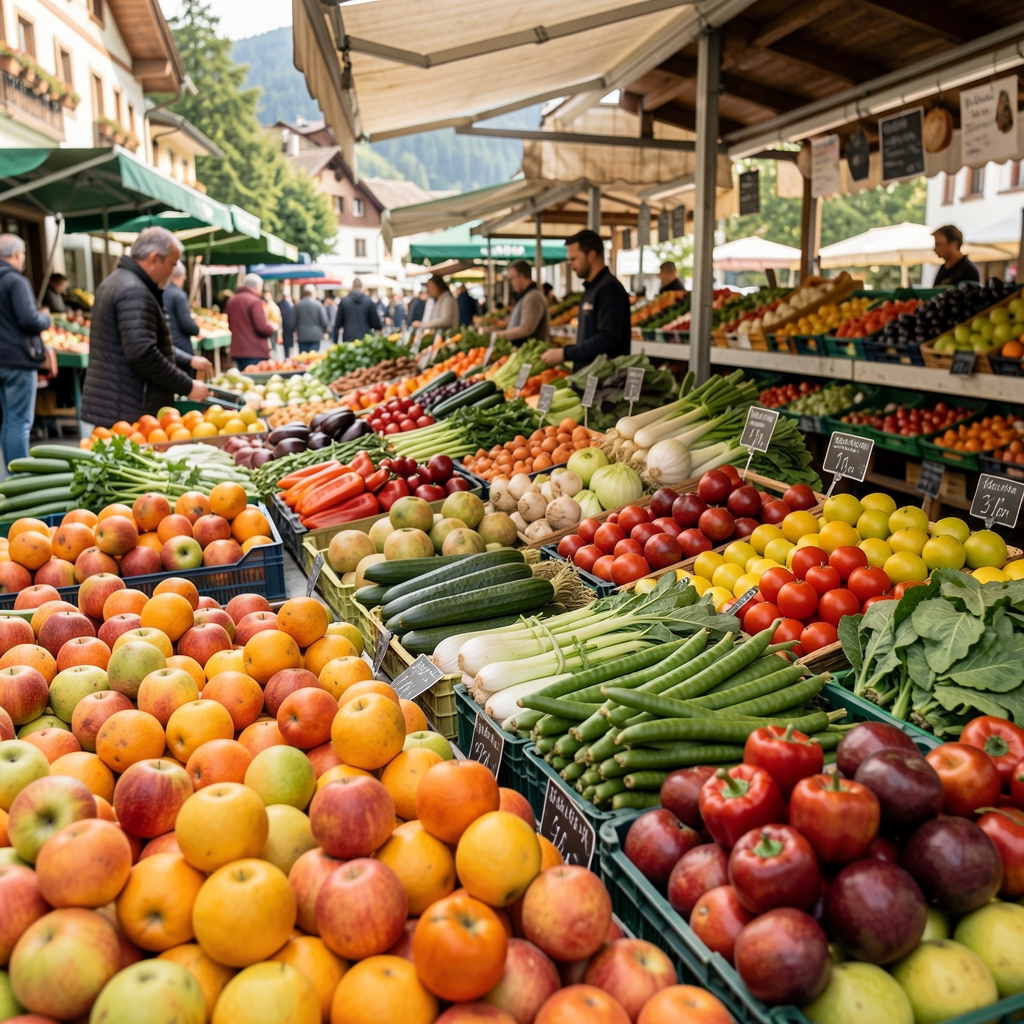 Bunte Gemüsemarkt-Auslage mit frischem Obst und Gemüse in der Schweiz, natürlich beleuchtet