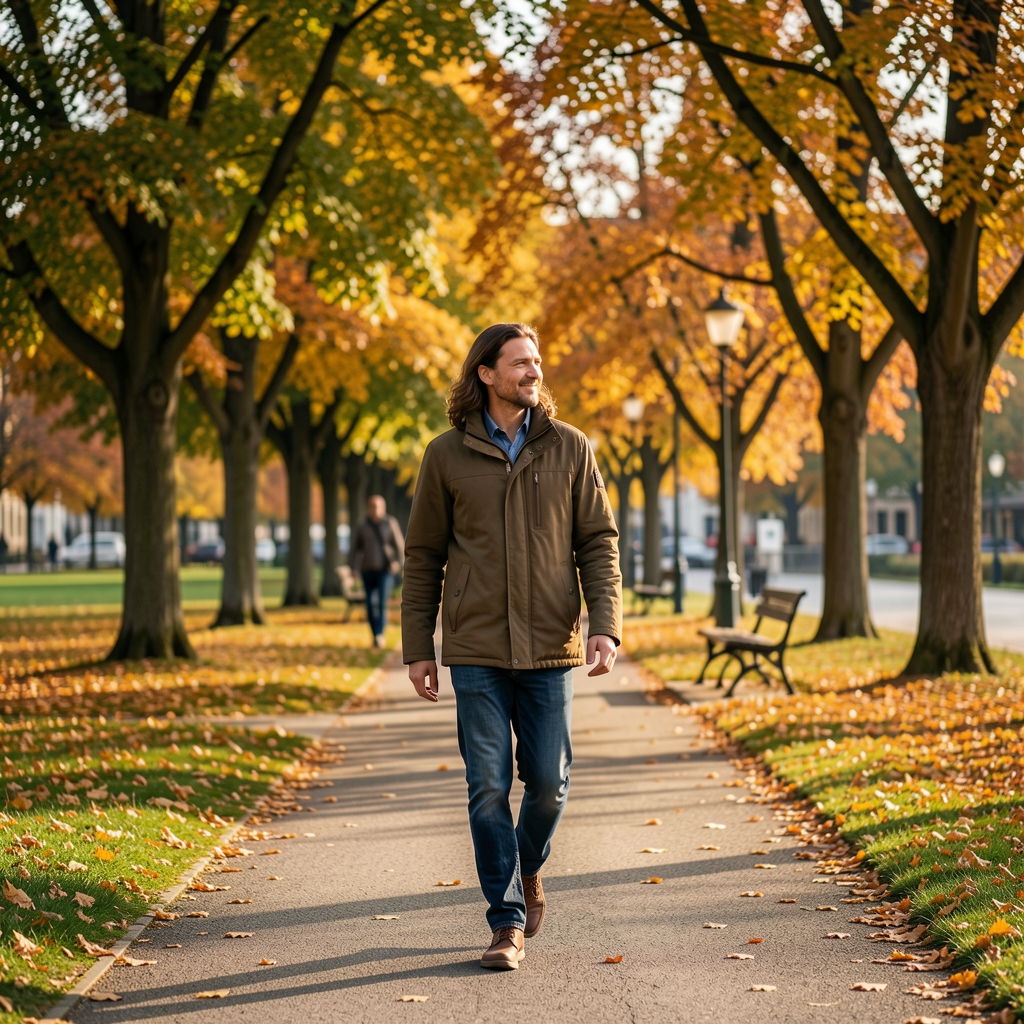 Person beim entspannten Spaziergang in einem Züricher Park im Herbst, moderate körperliche Bewegung im Grünen