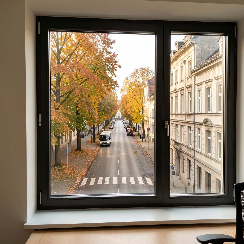 Blick aus dem Fenster eines Züricher Büros auf die baumbestandene Hottingerstrasse im Herbstlicht