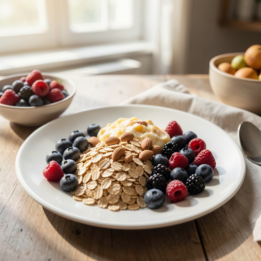 Frisch zubereitetes Frühstück mit Haferflocken, Beeren und Nüssen auf einem Teller, Naturlicht am Morgen